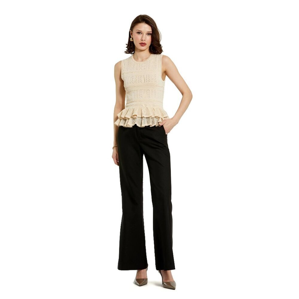 NWT Mac Duggal Sleeveless High Neck Knit Top With Ruffle Hem Oat Medium #A0181 - Picture 2 of 12